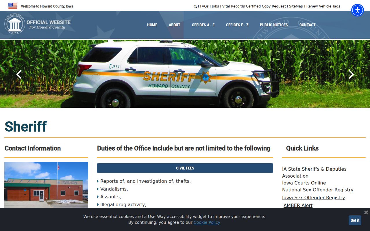 Howard County arrest history and Sheriff's Office contact page