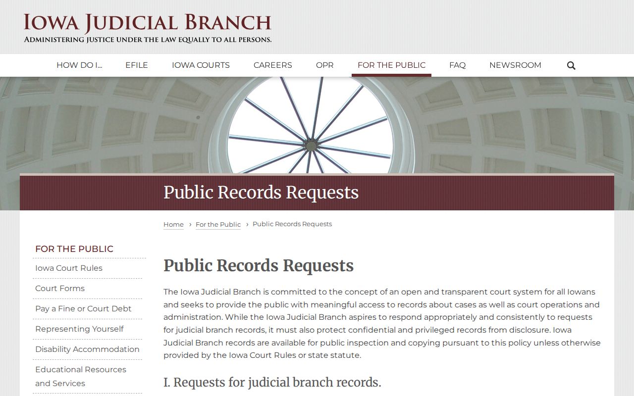Iowa Judicial Branch public records guidance for an Elma record request
